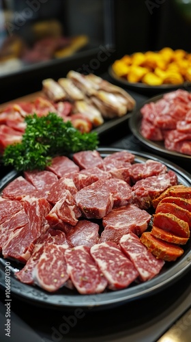 Close-up of Raw Beef Steaks on a Platter - Fresh Meat Market Display