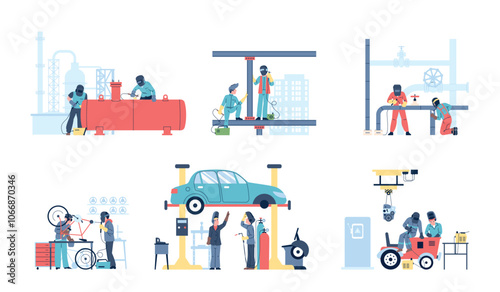 Welders at work. Welder working with metal pipes and pipelines, on building, car repair. Men in uniform with welding tools recent vector scenes