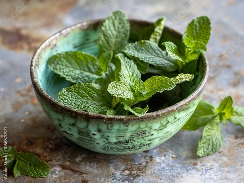 Fresh Mint Leaves in a Green Bowl: A Culinary and Aromatic Delight