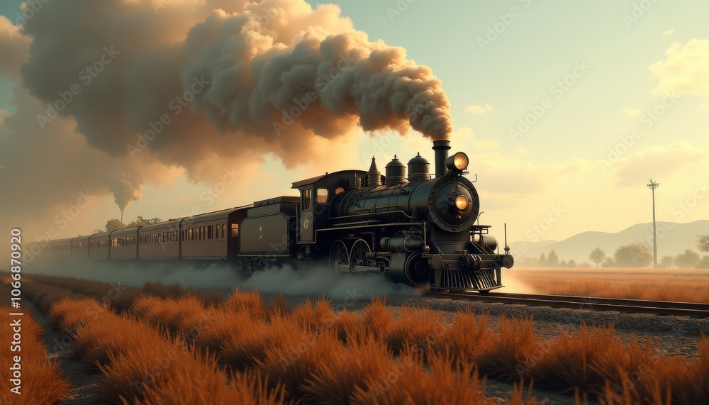 Fototapeta premium Old-fashioned steam train in motion during sunset on a foggy landscape