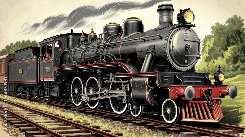 Detailed illustration of an old-fashioned steam train, featuring a vintage aesthetic and classic design Detailed illustration of an old-fashioned steam train, featuring a vintage aesthetic and classic design