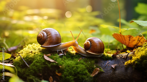 A snail crawls slowly over damp soil surrounded by green foliage during a sunny afternoon in a natural habitat