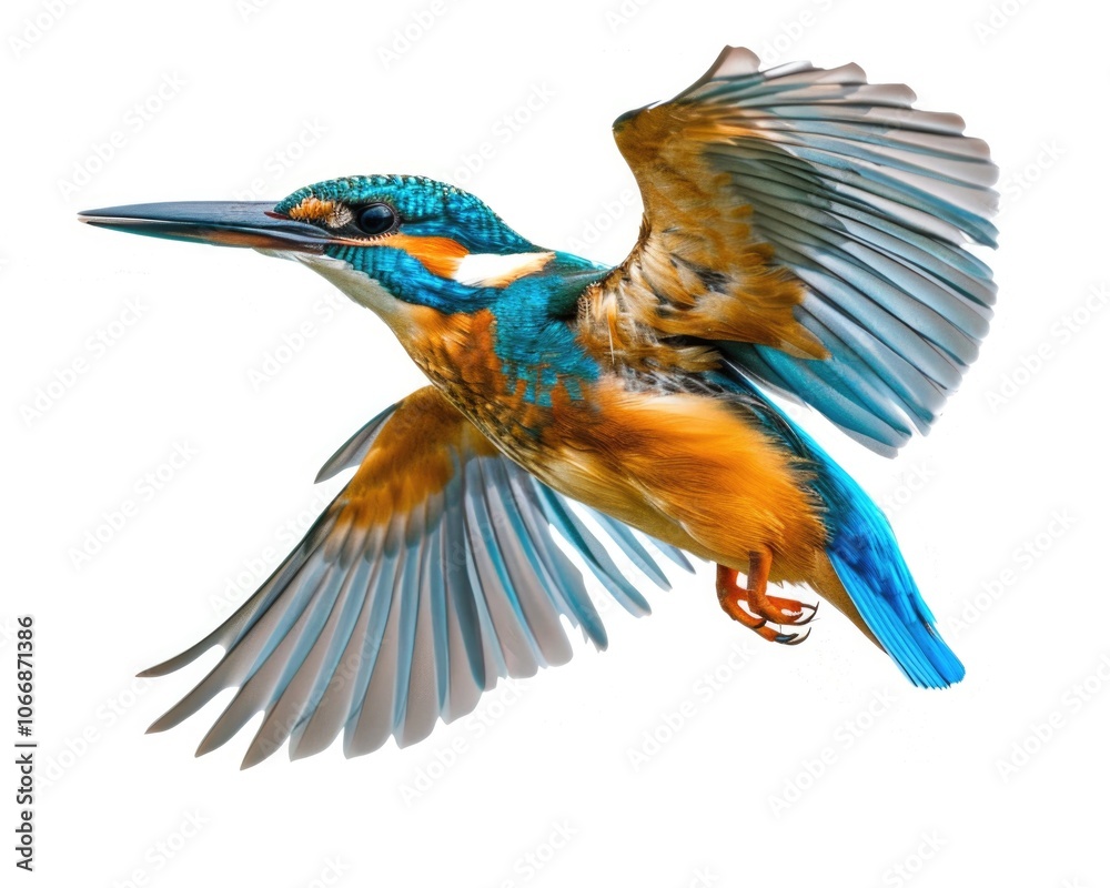 Fototapeta premium Tropical Bird Flying. Colorful Kingfisher in Flight, Fish Hunter Wildlife Concept