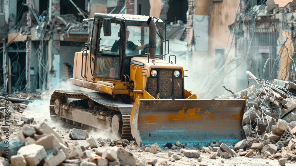 A bulldozer clearing debris and rubble from the work site creating a path for the workers and machinery. A bulldozer clearing debris and rubble from the work site creating a path for the workers and machinery.