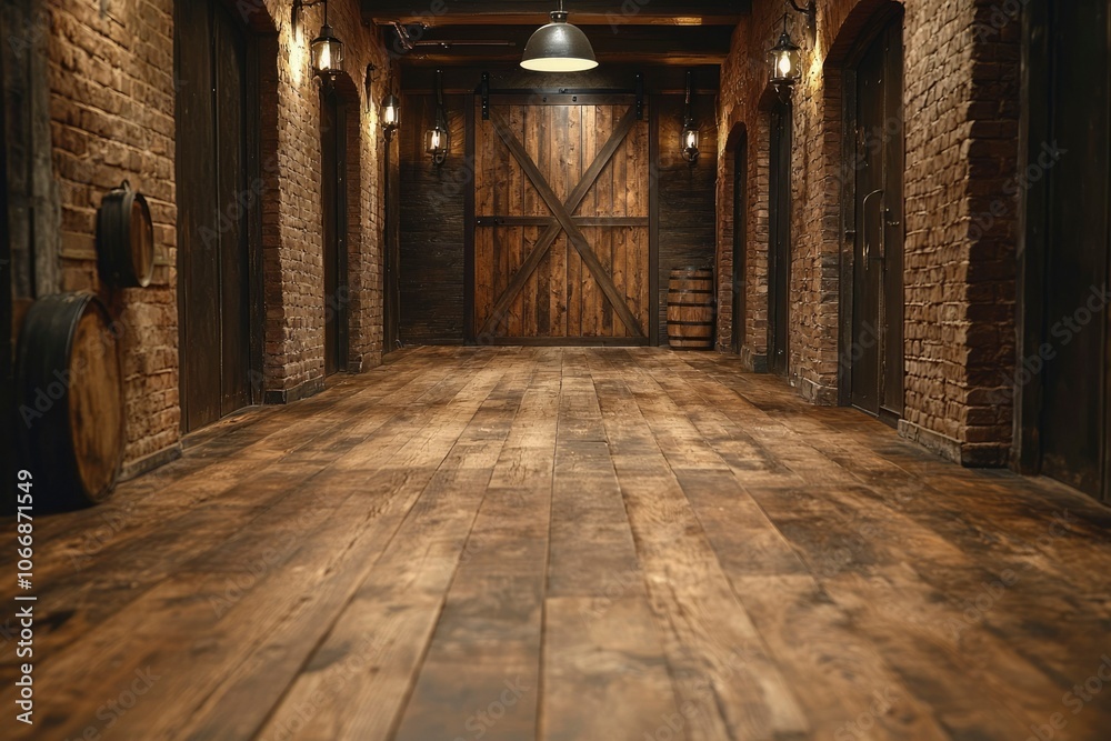 Wooden Hallway with Brick Walls and a Wooden Door Wooden Hallway with Brick Walls and a Wooden Door