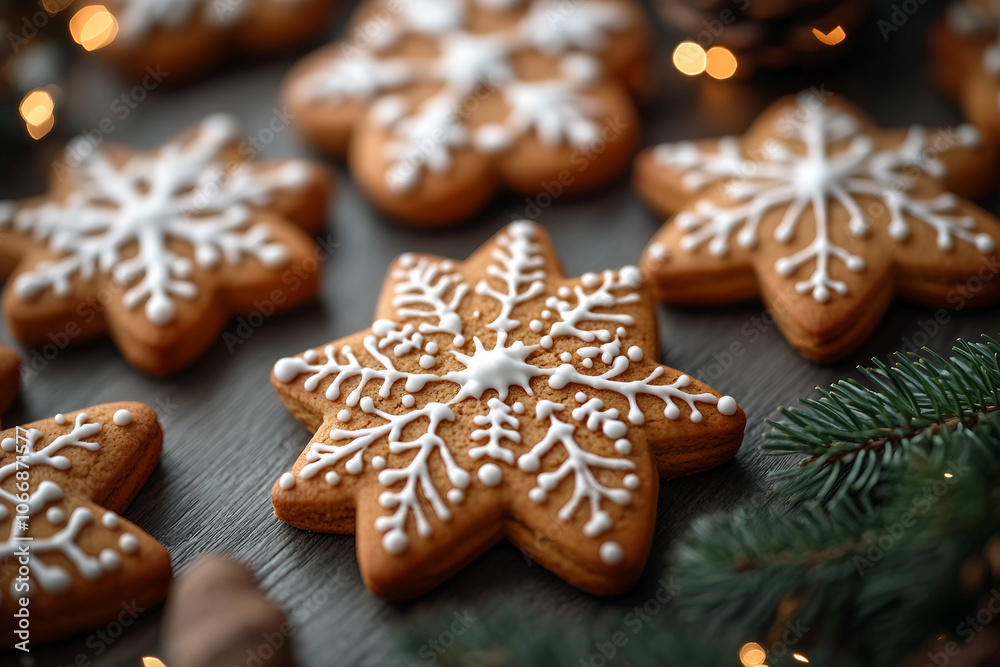 Generative AI image of festive Christmas cookies with holiday decorations and pinecones Generative AI image of festive Christmas cookies with holiday decorations and pinecones