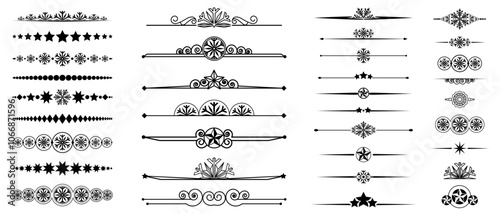 Set of decorative dividers with snowflakes and stars. Text separators. Page decors in black. Design elements for invitations and holiday cards. Christmas and New Year vector ornaments.