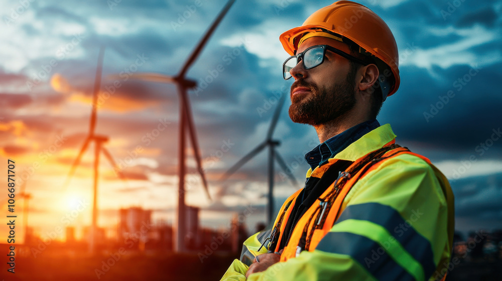 technician stands confidently in front of offshore wind turbines during sunset, showcasing dedication to renewable energy. vibrant sky enhances scenes emotional impact technician stands confidently in front of offshore wind turbines during sunset, showcasing dedication to renewable energy. vibrant sky enhances scenes emotional impact