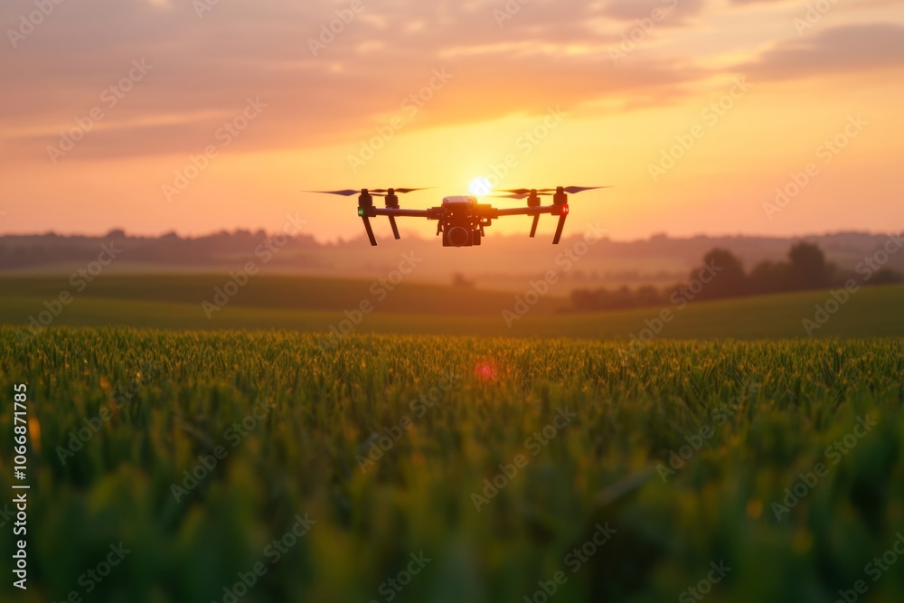 A drone flies over lush green fields at sunset. The sky is painted in warm tones. This image captures technology blending with nature. Generative AI A drone flies over lush green fields at sunset. The sky is painted in warm tones. This image captures technology blending with nature. Generative AI