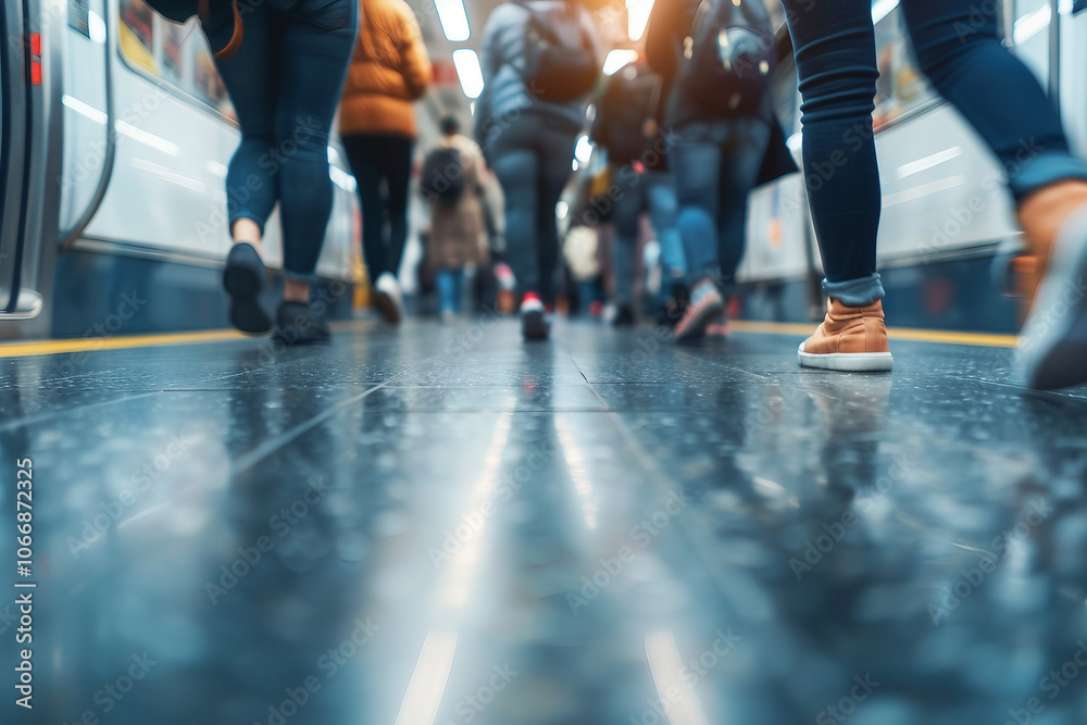 Fototapeta premium Futuristic modern public transport station with crowd of people, Generative AI image