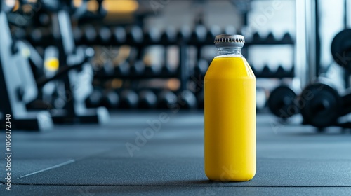 A vibrant yellow juice bottle stands prominently on a gym floor, with weights and fitness equipment blurred in the background.