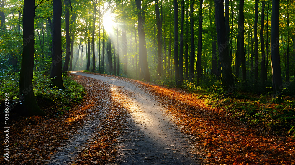 Sunbeams illuminating a path through an autumnal forest.