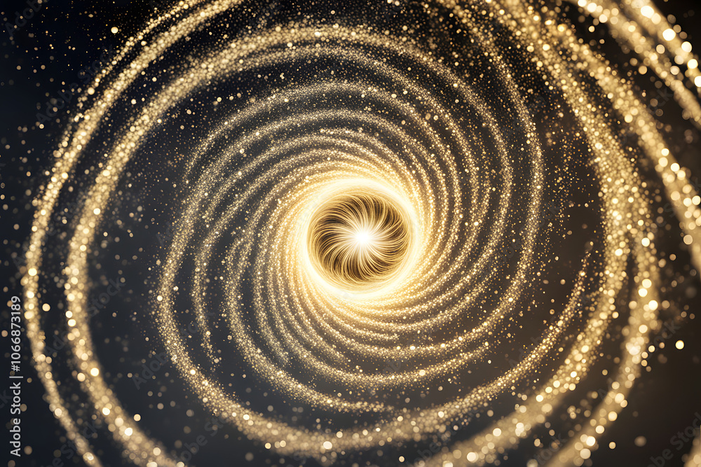 Gold and silver glitter particles swirling in a spiral with a glowing center, AI Generated Gold and silver glitter particles swirling in a spiral with a glowing center, AI Generated