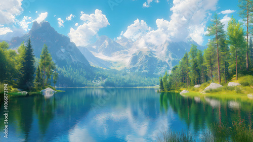 Picturesque summer view of a mountain lake surrounded by the breathtaking beauty of the Alps