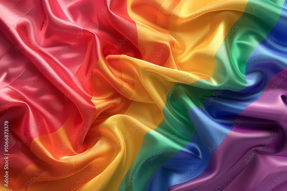 Obraz premium A vibrant and flowing rainbow flag, showcasing shades of red, orange, yellow, green, blue, and purple, symbolizing pride and inclusivity.