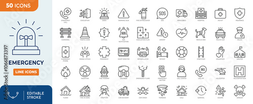 Emergency line editable icon set. Vector illustration in thin line style of warning icons: accidents, natural disasters, rescue services, and emergency signals. Editable stroke. Vector illustration