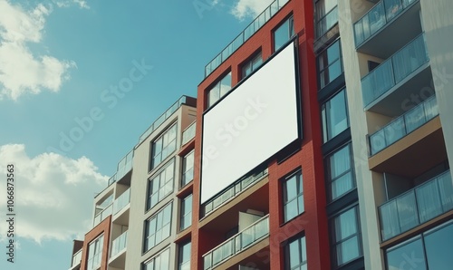 Billboard on Modern Apartment Building: Blank billboard in an urban apartment complex, ideal for adding Black Friday promotional text.