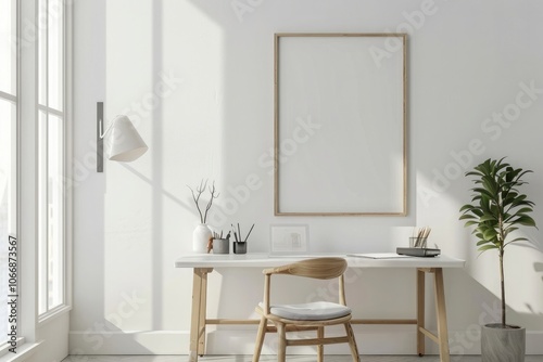 3D rendering, white wall with vertical frame mockup on the table in minimalistic interior design of home office room. Modern scandinavian style decor
