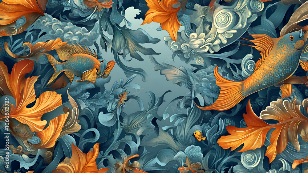 Two fish swim among ornate leaves in a vibrant blue and gold color scheme. Two fish swim among ornate leaves in a vibrant blue and gold color scheme.