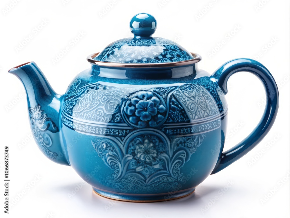 Elegant Blue China Tea Pot in Profile View, Isolated on a White Background for Culinary and Table Setting Inspiration, Perfect for Food Photography and Tea Enthusiasts Elegant Blue China Tea Pot in Profile View, Isolated on a White Background for Culinary and Table Setting Inspiration, Perfect for Food Photography and Tea Enthusiasts