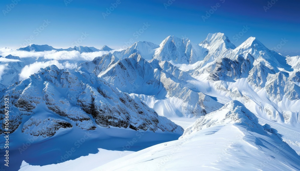 Obraz premium Snow-Covered Mountain Peaks with Blue Sky and Clouds
