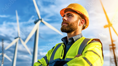 technician in safety helmet and reflective vest stands confidently in front of wind turbines, showcasing dedication to renewable energy