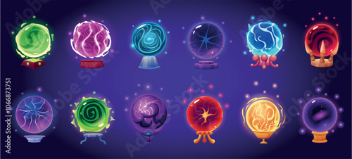 Cartoon magic balls. Fortune telling ball with magma plasma fire power. Witch magical accessories, energy fantasy spheres nowaday vector set