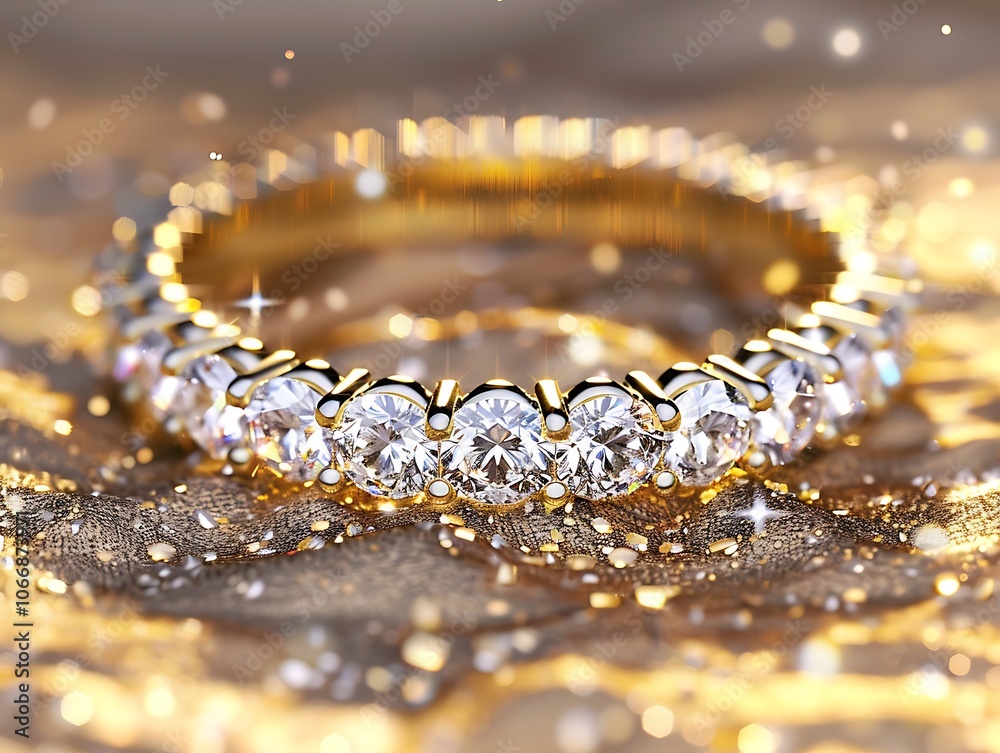 A Gold Valley Diamond ring set against a backdrop of shimmering gold dust with each diamond sparkling brilliantly A Gold Valley Diamond ring set against a backdrop of shimmering gold dust with each diamond sparkling brilliantly