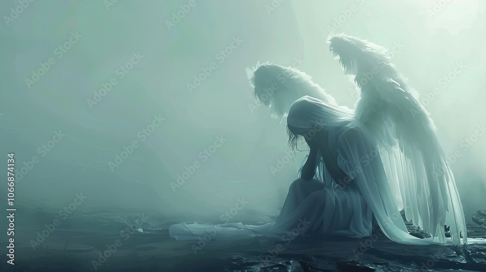 A sad angel with white wings and long white hair in a soft ethereal light A sad angel with white wings and long white hair in a soft ethereal light