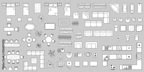 Furniture outline top view for plan. Set of isolated linear interior icons. Vector Illustration. Kit of Objects and elements for apartments, living room, bedroom, kitchen, bathroom. Bed, sofa, table