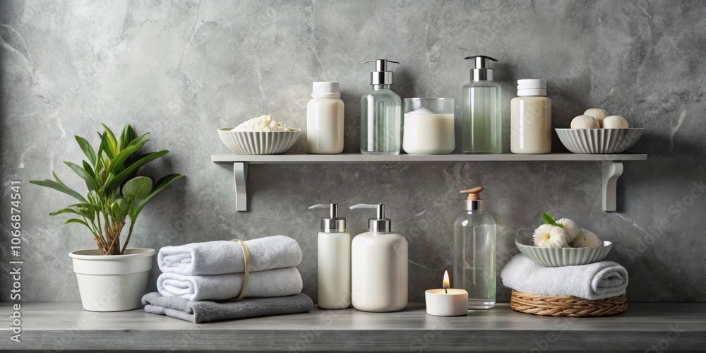 Elegant Gray Bathroom Shelf with Spa Accessories: Shampoo, Shower Gel, Conditioner, Soap, and Cream for a Luxurious Home Spa Experience Elegant Gray Bathroom Shelf with Spa Accessories: Shampoo, Shower Gel, Conditioner, Soap, and Cream for a Luxurious Home Spa Experience