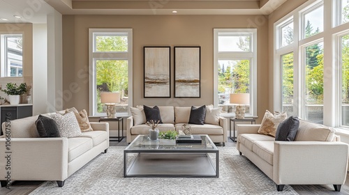 Modern Living Room with Large Windows and Beige Couches