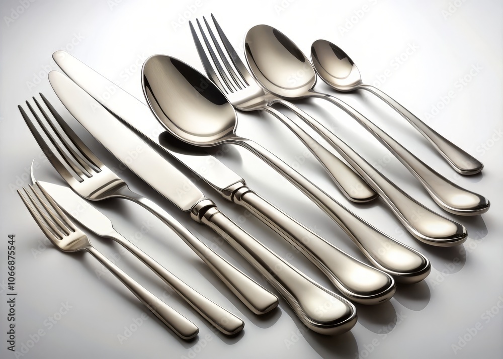 Elegant Set of Stainless Steel Cutlery on a White Background for Culinary Use, Showcasing Knives, Forks, Spoons, and Serving Utensils Perfect for Table Settings and Dining Experiences Elegant Set of Stainless Steel Cutlery on a White Background for Culinary Use, Showcasing Knives, Forks, Spoons, and Serving Utensils Perfect for Table Settings and Dining Experiences