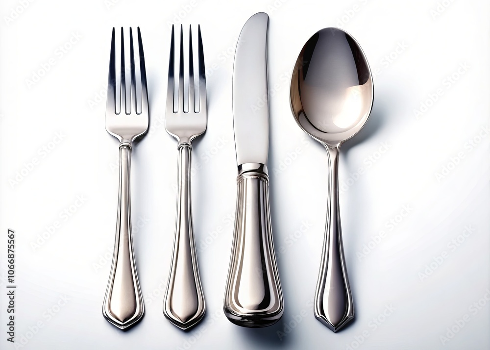 Elegant Silver Cutlery Set: Knife, Fork, and Spoon Isolated on a White Background for Culinary Presentation and Table Setting Inspiration Elegant Silver Cutlery Set: Knife, Fork, and Spoon Isolated on a White Background for Culinary Presentation and Table Setting Inspiration
