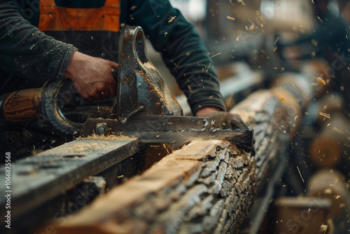 Generative AI image of a handsome virile bearded woodcutter at work in a traditional woodworking workshop