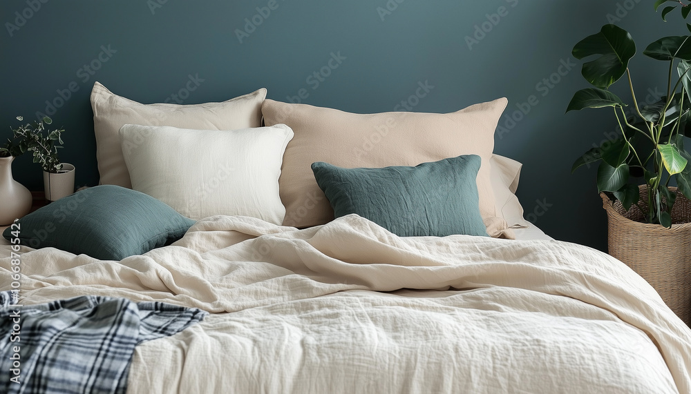 In the bedroom, organic cotton linens are neatly laid out on the bed. The colors are pastel, muted, creating an atmosphere of coziness and tranquility In the bedroom, organic cotton linens are neatly laid out on the bed. The colors are pastel, muted, creating an atmosphere of coziness and tranquility