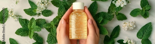 A hands holding a bottle surrounded by fresh mint leaves, suggesting a natural, refreshing product likely related to skincare or oil. photo