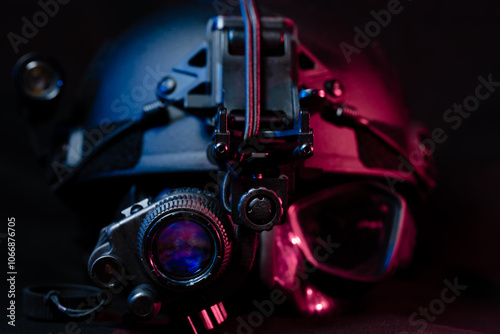 Obraz na plátně Combat swimmer's equipment, tactical helmet, night vision device and diving mask