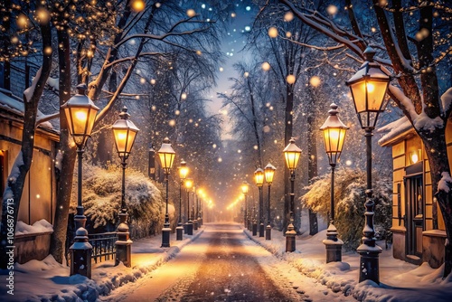 Enchanting Christmas Night Landscape: Winter Evening Alley with Falling Snowflakes and Shining Lanterns Creating a Magical Double Exposure Scene