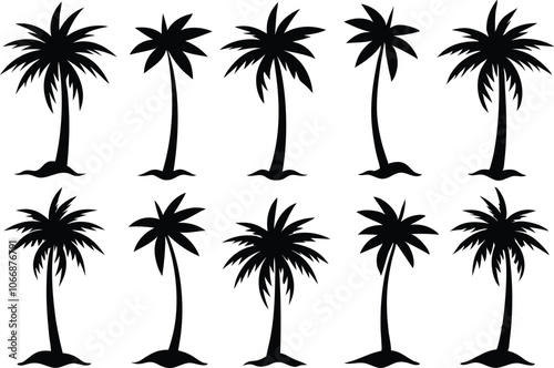 Set of palm tree black icons vector on transparent background