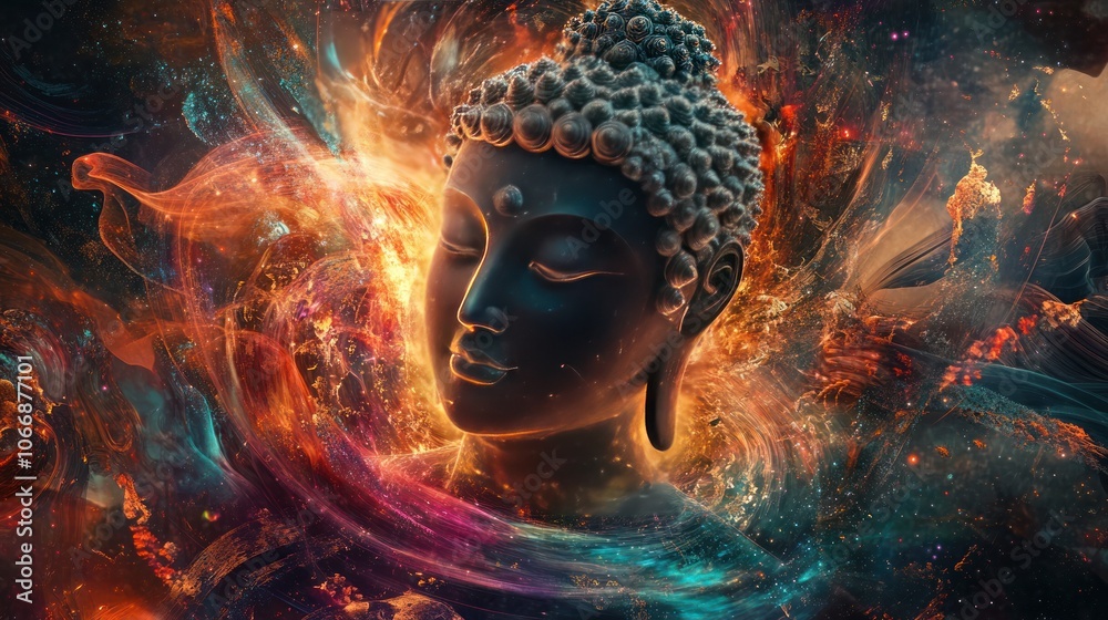 a Buddha surrounded by fractal patterns and shimmering light trails, symbolizing the infinite nature of consciousness. a Buddha surrounded by fractal patterns and shimmering light trails, symbolizing the infinite nature of consciousness.