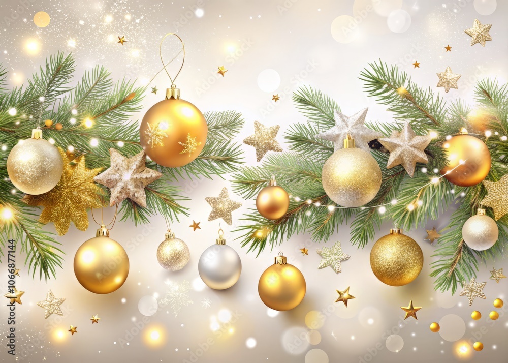 Enchanting Night Photography of Christmas Border with Tree Branches Adorned with Golden Baubles, Shimmering Stars, and Snowflakes on a White Horizontal Banner Background