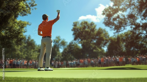 The man raises his fist in victory following a successful putt in a competitive golf tournament. Spectators cheer enthusiastically in the background on a bright, sunny day