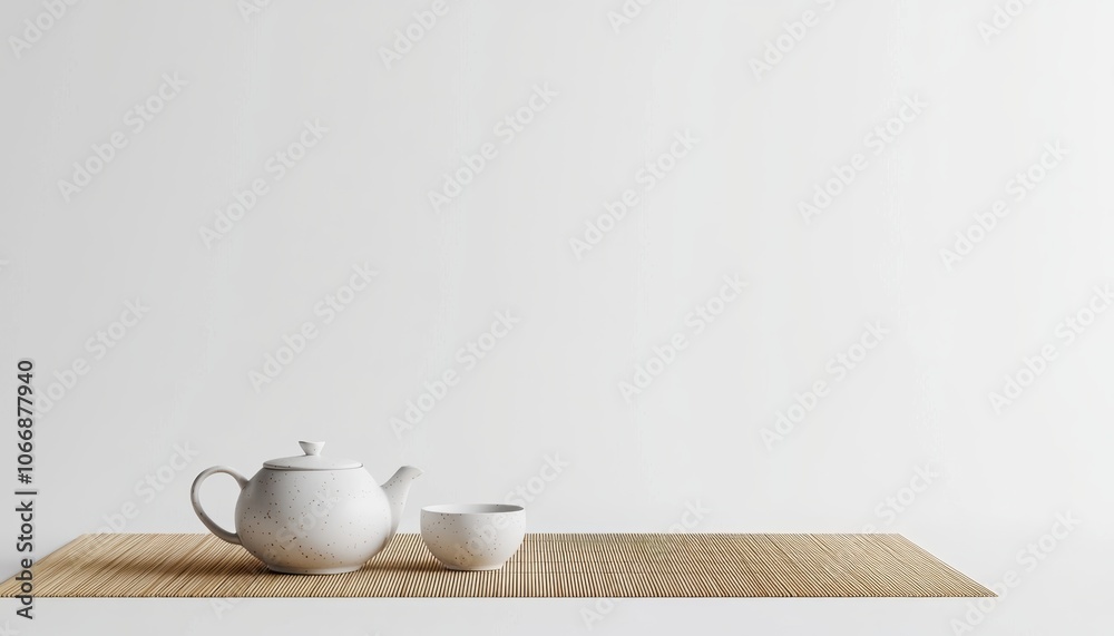 Traditional Japanese tea set with ceramic teapot and cups on bamboo mat, serene atmosphere, minimalist style, 3D illustration Traditional Japanese tea set with ceramic teapot and cups on bamboo mat, serene atmosphere, minimalist style, 3D illustration