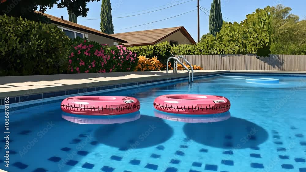 Two pink inflatable rings float in a backyard swimming pool on a sunny day