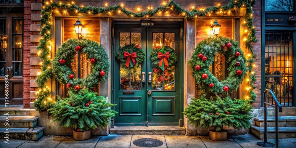 Obraz premium Festive Urban Doorway with Evergreen Swag: A Captivating Christmas Scene in an Urban Exploration Setting Highlighting Seasonal Decor and Holiday Cheer