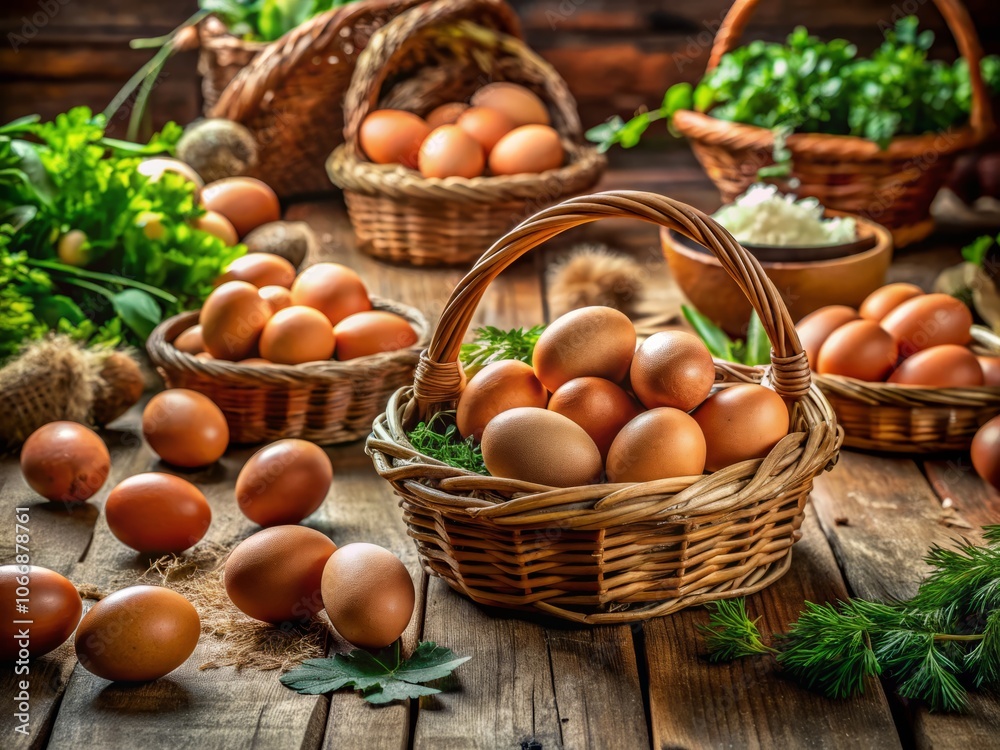 Fresh Chicken Eggs Displayed in Market Baskets with Natural Light, Emphasizing Organic Produce and Farm-Fresh Quality, Ideal for Food and Culinary Use