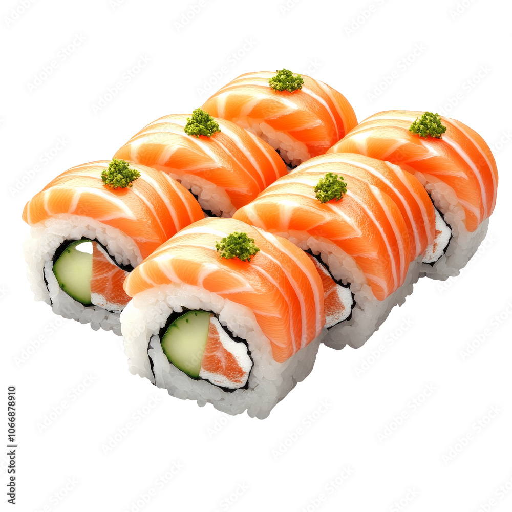Salmon sushi rolls on a white plate Salmon sushi rolls on a white plate