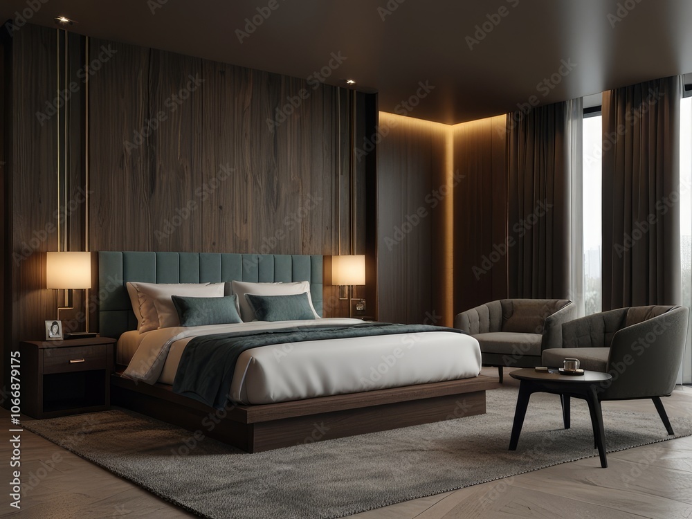 Obraz premium luxury hotel bedroom,interior of a bedroom,interior of a hotel room,luxury comfortable bedroom,hotel room interior