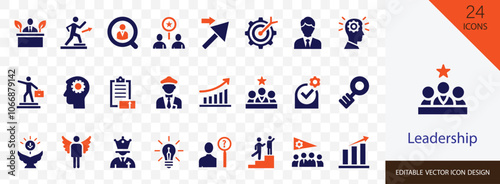 Leadership solid vector icon set. containing , goal, decision making, lead,  presentation, idea, problem solving and more vector design